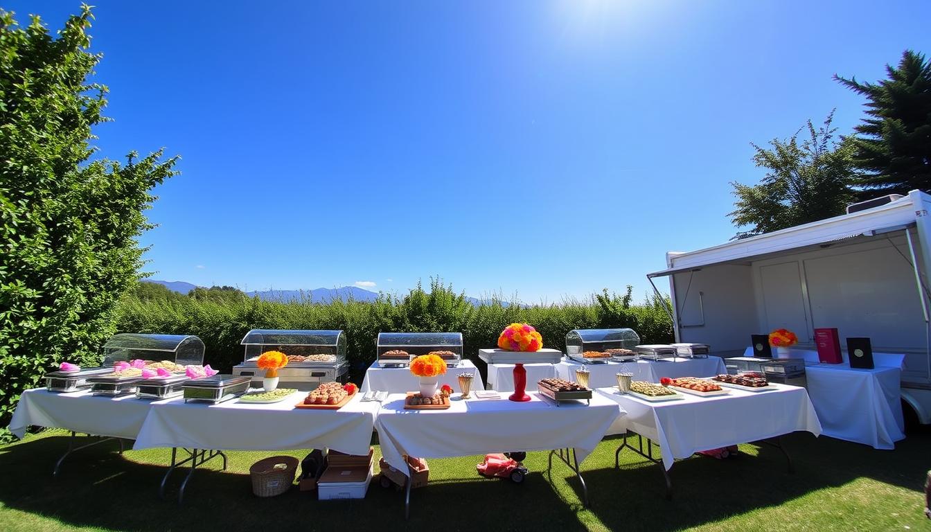 Foldable buffet tables for mobile catering